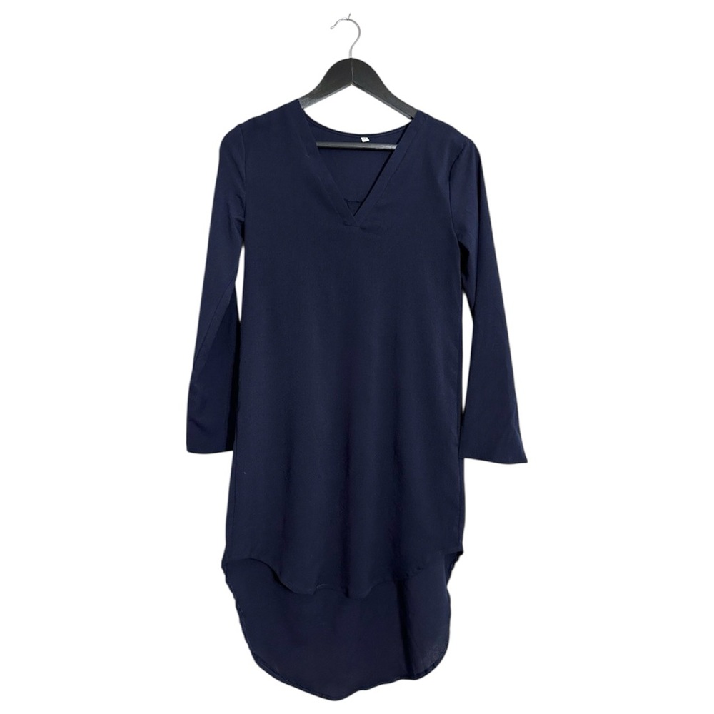 Navy Blue Long Sleeve V Neck Tunic Dress Blouse Size Medium Office Casual